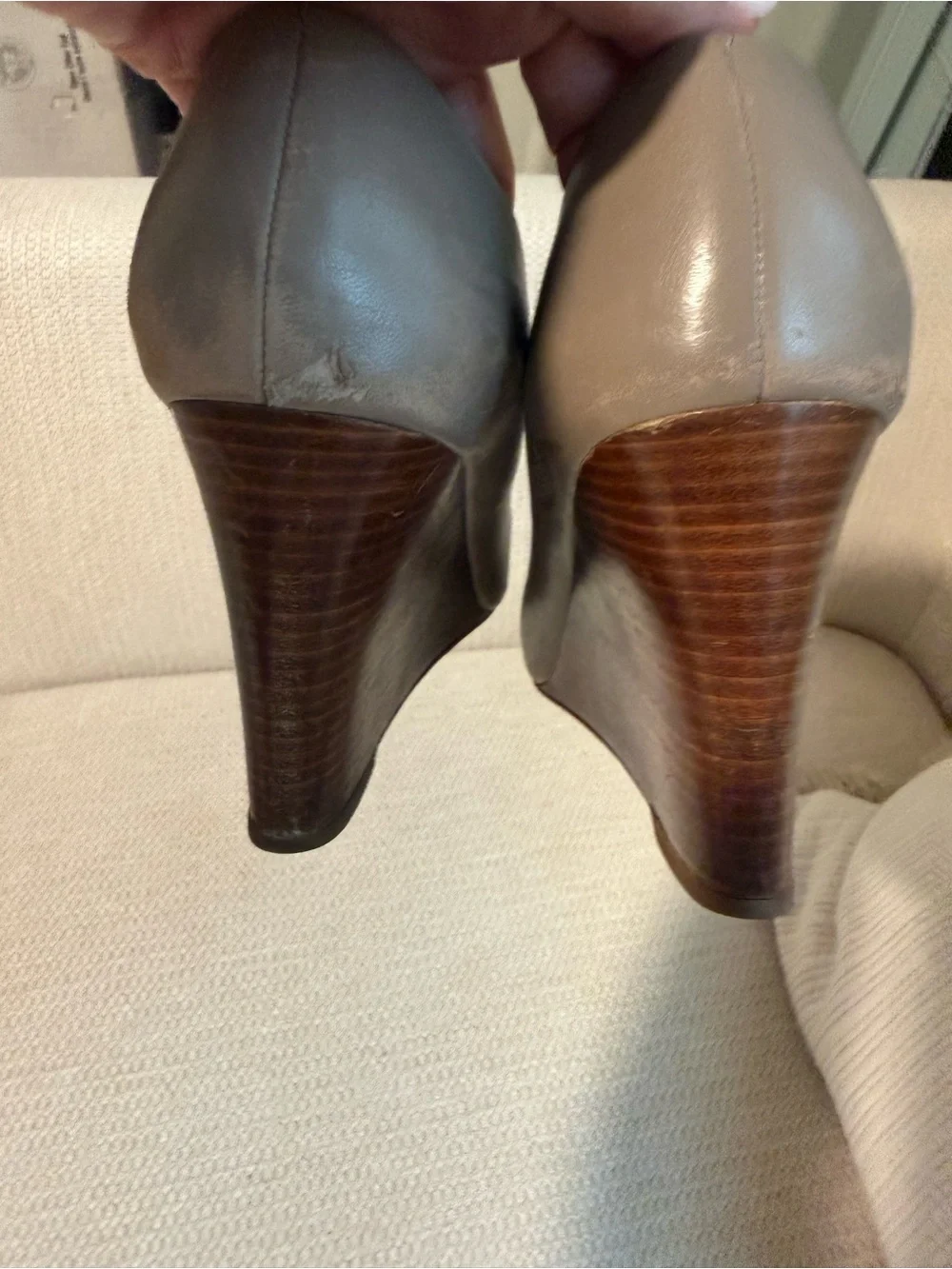 Tory Burch Taupe/French Gray Leather Peep-Toe Wedge